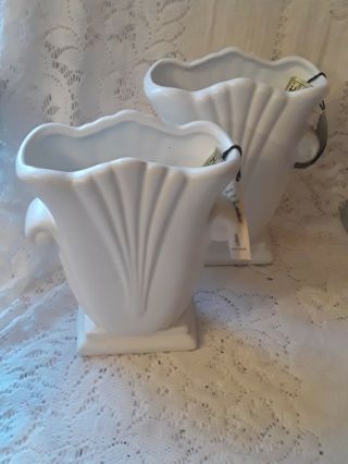 2 Vintage Royal Haeger Pottery Art Deco Planter Vases White W/tags 6 " X 5 "
