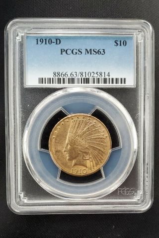 1910 - D $10 Indian Head Eagle Gold Coin,  Pcgs Ms 63,  Coin