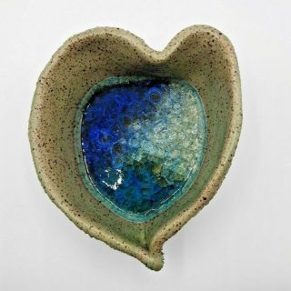 Studio Art Pottery Signed Jan Hawkes Fused Glass Over Glaze Heart Shaped Bowl