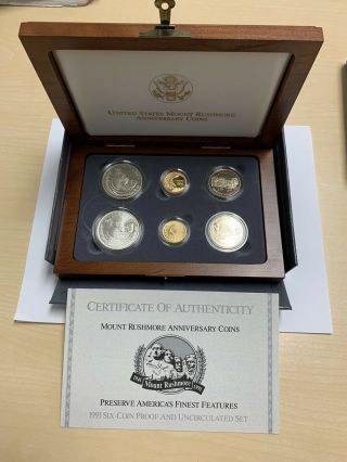 1991 Mount Rushmore Anniversary Set 6 Coins 2 Gold And 4 Silver