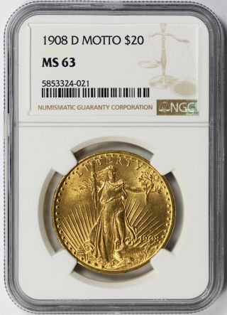 1908 - D Motto Saint Gaudens Double Eagle Gold $20 Ms 63 Ngc