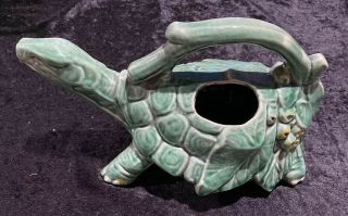 Vintage McCoy Green Turtle Pottery Watering Can Planter 2