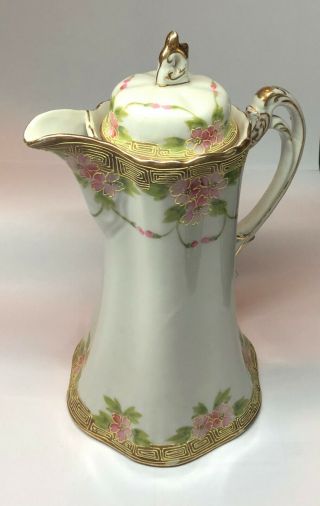 Vintage Hand Painted Teapot / Chocolate Pot Pink Flowers,  Green Leaves And Gold