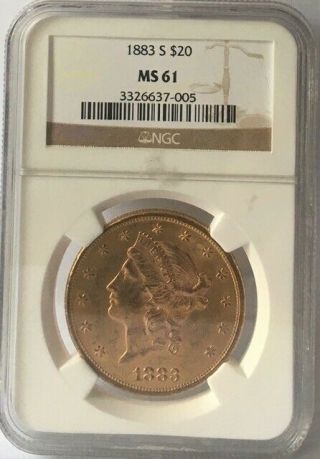 1883 - S $20 Ngc Ms61 Liberty Double Eagle Gold Coin - Luster