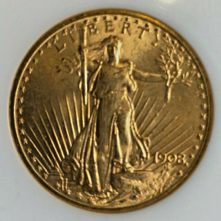 1908 " No Motto " $20 Gold Double Eagle St Gaudens Ngc Ms64 Very