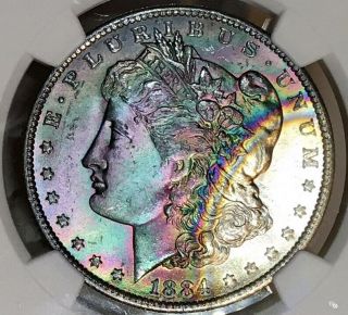 1884 - O Morgan Dollar Ngc Ms64 Star Cac Rainbow Toned