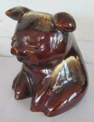 Hull Pottery Sitting Corky Pig Bank 196 In Brown Yellow Turquoise Drip Glaze