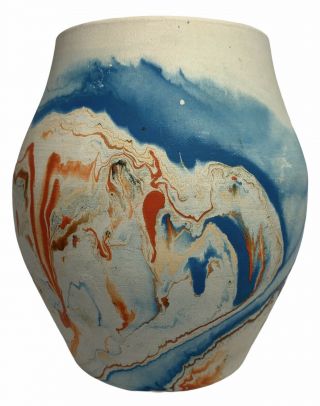 Native American Indian Nemadji Art Usa Pottery Bowl Vase Cream Blue Orange Swirl