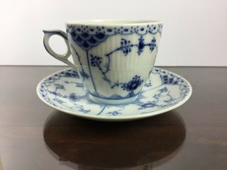 Royal Copenhagen Denmark Porcelain Blue Fluted Half Lace Cup And Saucer 756