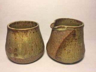 Vintage Pottery Drip Glazed Sugar Bowl Creamer Signed 
