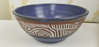 Large Ron Morris Vintage Blue And White Ceramic Pottery Bowl 11 " X 5 1/2 "
