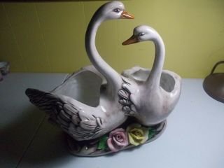 Vintage Capodimonte Double Swan Planter W/roses & Leaves Italy