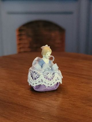 Dollhouse Miniature Artisan Purple /blue Fabric & Painted Metal Pincushion Doll