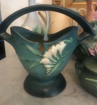 Vintage Roseville Pottery Freesia Green Ceramic Basket 390 - 7