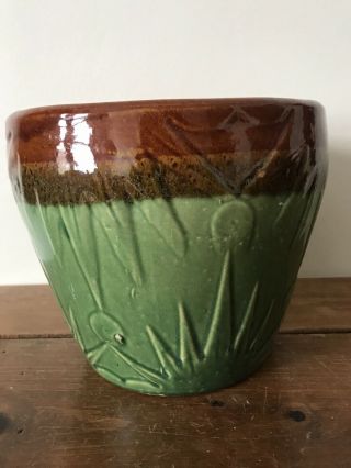 Vintage Mccoy Pottery Brown & Green Drip Glaze Moon Sun Planter Jardiniere 1940s