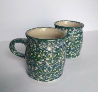 Roseville Spongeware Set Of 2 Coffee Pottery Mugs Blue & Green 3 5/8 " Usa