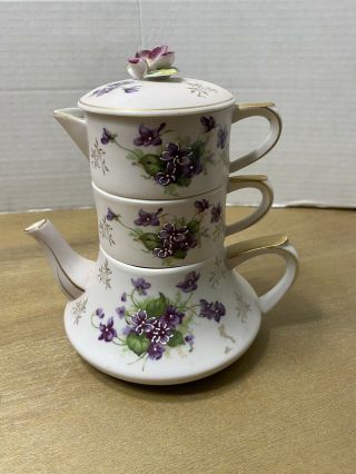 Vtg Lefton Hand Painted China Stack Teapot Set Sugar Creamer Violet Flowers