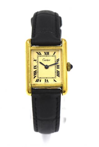 Vintage Ladies Cartier Tank Solo Wristwatch Sterling Silver Vermeil Gold Plaque