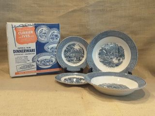 Currier And Ives Imperial Blue 4 Piece Dinnerware Place Setting Completer Set
