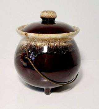 Vintage Brown Glazed Stoneware Bean Pot With Metal Handle Lid Usa