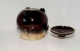 Vintage Brown Glazed Stoneware Bean Pot With Metal Handle Lid USA 3