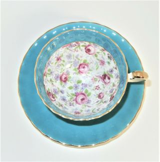 Vintage Blue Aynsley Ribbed,  Footed Cup & Saucer W/ Pink Roses,  Chintz