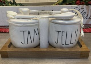 Rae Dunn By Magenta - Jam & Jelly White Ceramic Jars W/ Spoons On Wood Platter