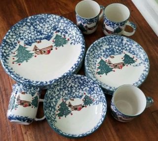 Tienshan Folk Craft Cabin In The Snow Stoneware 14 Pc Svc For 4 Missing 2 Bowls