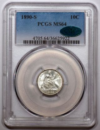 1890 - S 10c Pcgs Ms 64 Liberty Seated Dime - Blast White - Cac Approved