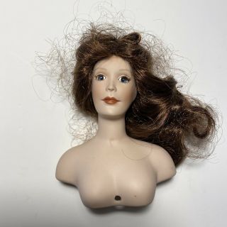 Vtg Small Petite Porcelain Lady Doll Head Bust 4” Hair Wig Brunette Blue Eyes