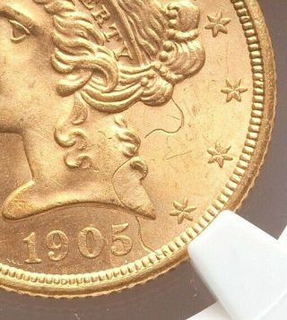 1905 - S $5 Ngc Ms64 Gold Struck Thru Error Five Dollar Liberty Half Eagle Pq