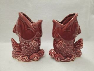 Fish Vases (pair) Open Mouth Shawnee Usa 845 Maroon 5 " Tall