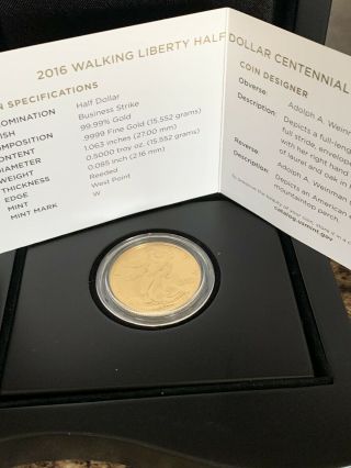 2016 - W Walking Liberty Centennial Half Dollar 1/2 oz.  24K Gold Coin 5