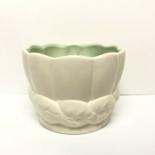 Vintage Mid Century Red Wing Pottery 5 2/2” Green Ivory Leaf Planter