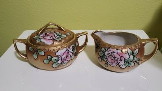Nippon Maple Leaf Mark Hand Painted Roses Moriage Gold Sugar Bowl And Creamer