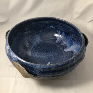 Studio Art Pottery Large Bowl Dish Deep Blue Glaze With Brown Signed 10”