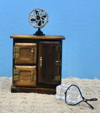Vintage Miniature Wood Ice Box Fridge For Doll House W/fan/ice Thongs