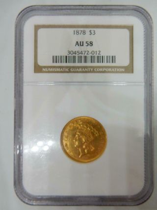 1878,  3 Dollar Indian Princess Head Gold Coin,  Ngc Au 58 Details R495