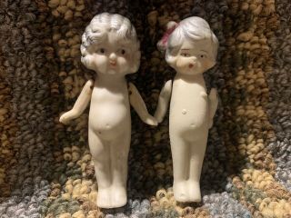 Antique Bisque Hand Painted Dolls Made In Japan Jointed Arms 3 1/2” Set Of Two