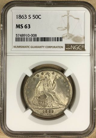 1863 - S 50c Seated Liberty Half Dollar Ngc Ms63 Lustrous Strong Strike