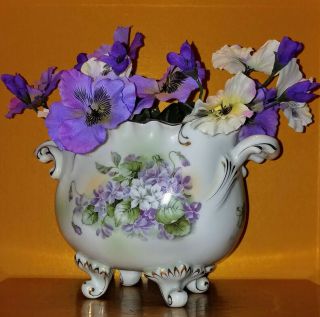 Jardiniere Planter Hand Painted Vase Purple Violets Double Handled Gold Gilded