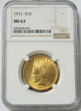 1911 Gold Us $10 Indian Head Egle Coin Ngc State 63