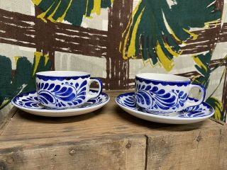 Vintage Anfora Blue Puebla Cup And Saucer Pair Mexico Pottery