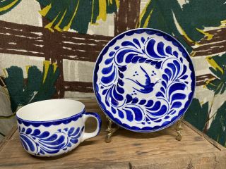 Vintage Anfora blue puebla cup and saucer pair Mexico pottery 2