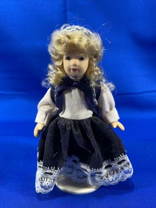 Dollhouse Miniature Porcelain Girl Doll With Blonde Hair & Stand - 6 " Tall