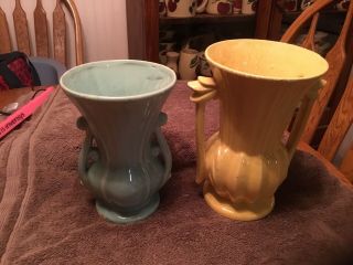 2) Mccoy Pottery Vases 8 1/2 “ Tall,  Yellow &green