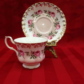 Royal Albert Fine Bone China Pink Bottom Stemmed Roses Tea Cup And Saucer Set
