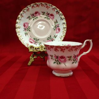 Royal Albert Fine Bone China Pink Bottom Stemmed Roses Tea Cup And Saucer Set 2