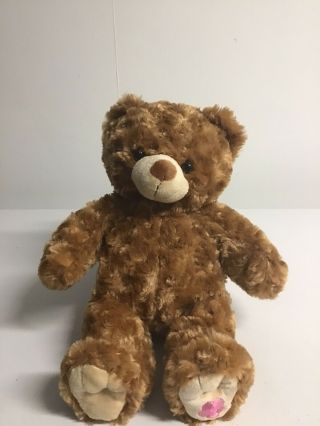 16 Inch Curly Brown Teddy Bear With Pink Flower On The Foot