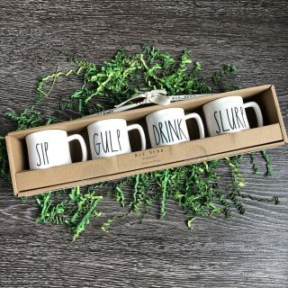 Rae Dunn Espresso Cups Mini Mugs “sip,  Gulp,  Drink & Slurp” Boxed Gift Set Of 4
